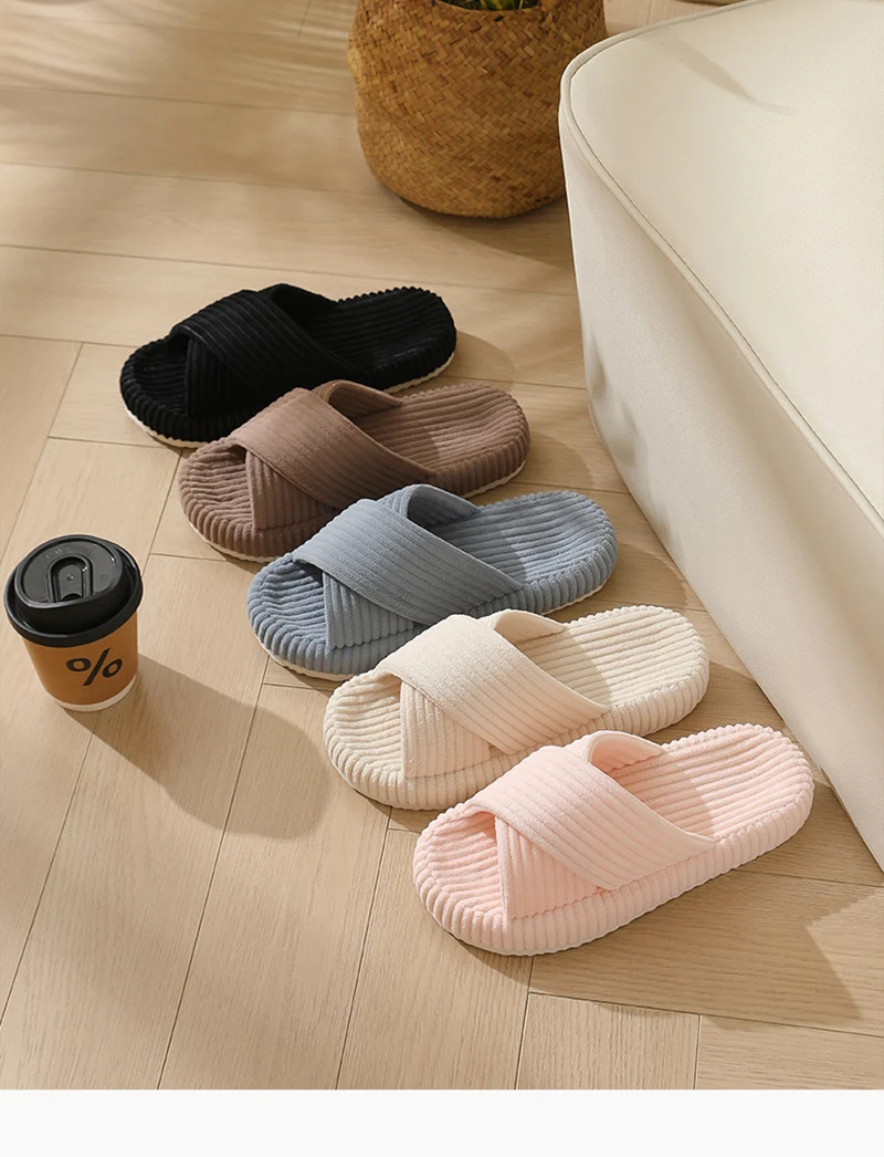 Einfarbig Gestreifte Cord Hausschuhe für Frauen Mode Cross Strap Innen Rutschen Frau Dicke Sohle Unisex Schlafzimmer Hausschuhe – Detail 3