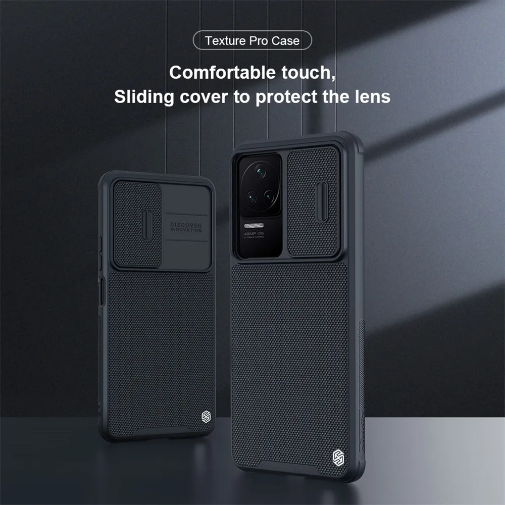 

Чехол для Xiaomi Mi Poco F4 5G/Redmi K40S Nillkin Текстурированный чехол Pro с защитой камеры скользящий Чехол черный корпус