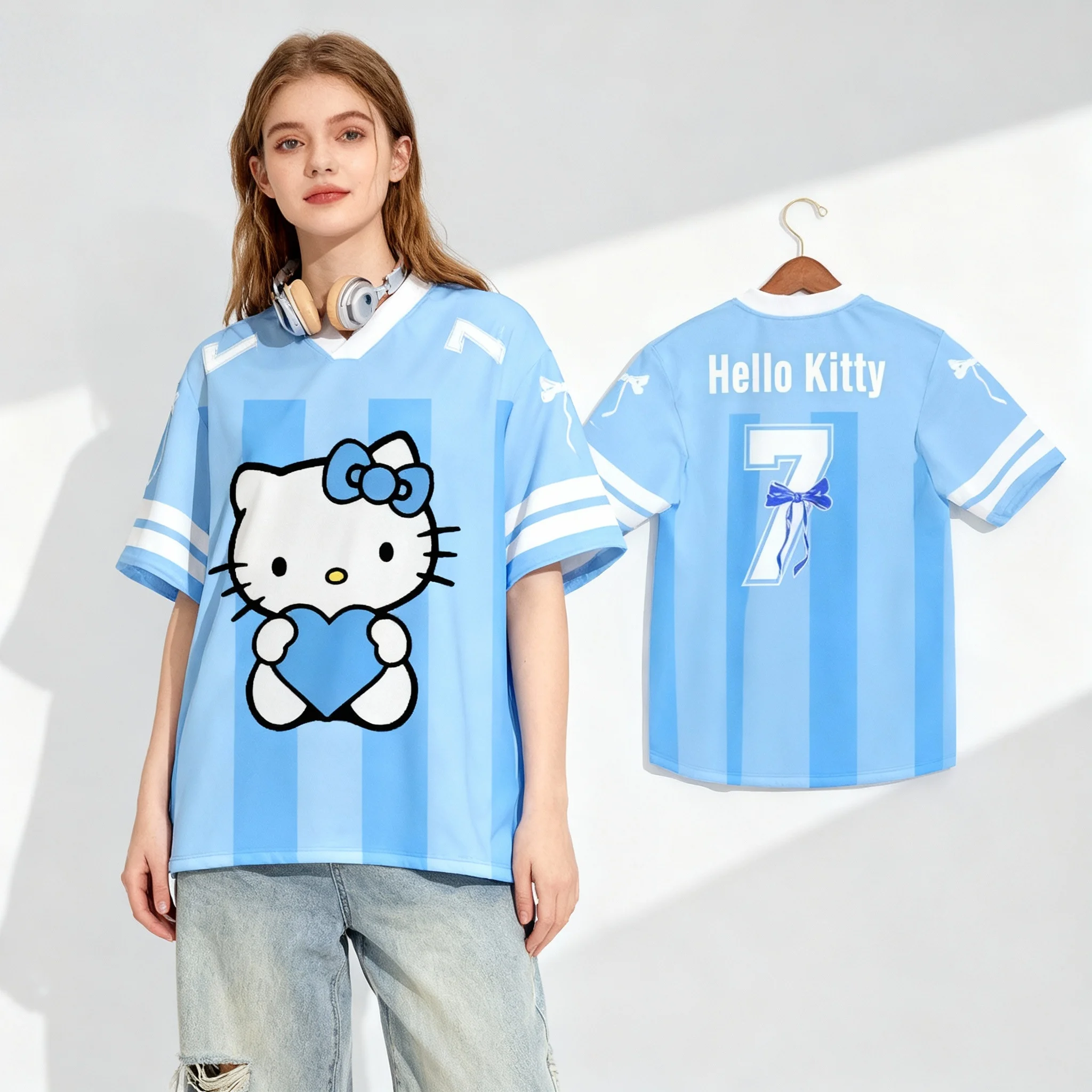 새로운 Sanrio 헬로 키티 No.7 볼 드레스 스위트 쿨 여름 티셔츠 오버사이즈 남성 성인 캐주얼 스포츠 티셔츠 출산복