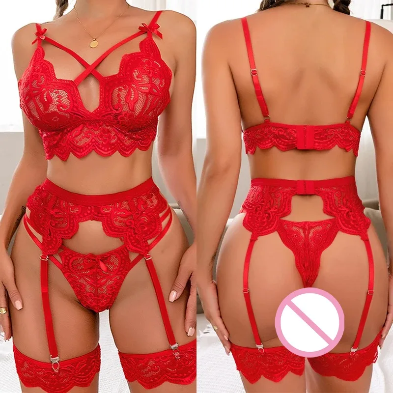 Women Pajamas Set Deep V-Neck Tops And Shorts Garters Pajama Suit Ladies Sling Nightwear Sexy Lingerie Babydoll 3-Pieces
