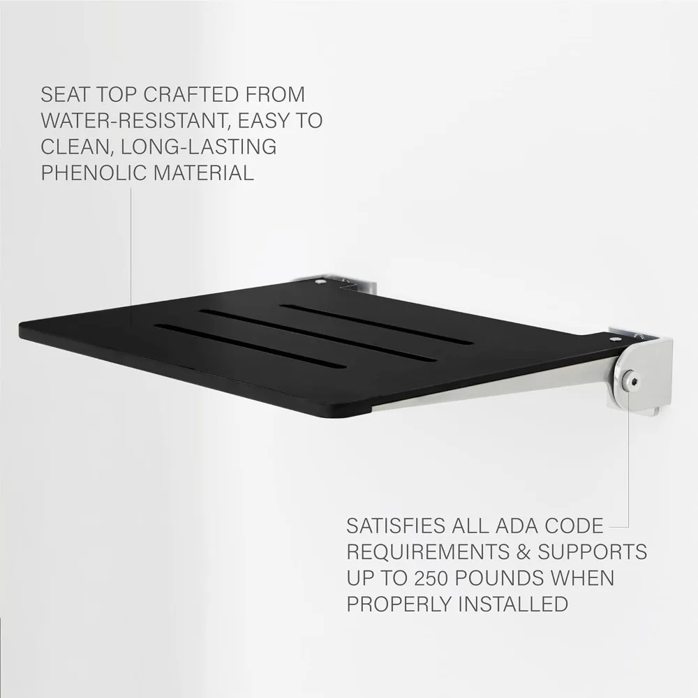 18 Inch Silhouette Slimline Folding Wall Mount Shower Bench Seat, Matte Black Seat with Silver Sturdy Aluminum Frame 2