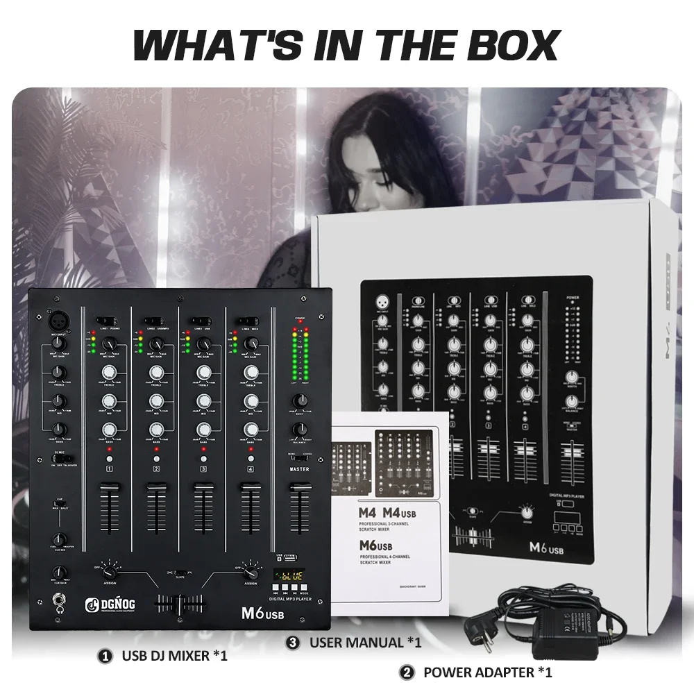 M6 USB 4-Channel Scratch DJ Mixer with Built-In Audio Interface 3-Band EQ Microphone Input and Replaceable Crossfader DGNOG