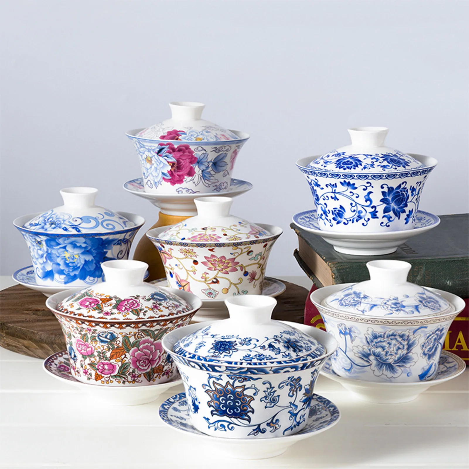 Ceramic Cups Vintage Chinese Style Tea Cup With Tray Lid Exquisite Glazed Color Blue And White Porcelain Patterned 300ml