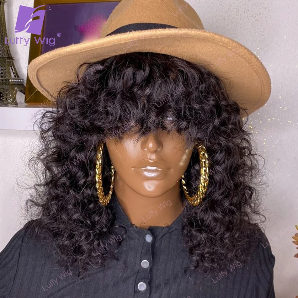 

Short Curly Bob Human Hair Wigs With Bangs Brazilian Remy Machine O Scalp Top Wig Glueless 200% Density For Black Women Luffywig