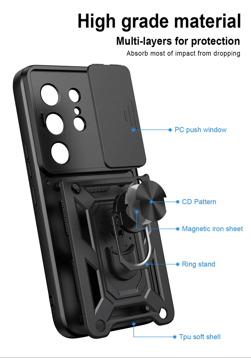 Slide Camera Lens Protection Phone Case with Ultra Ring Stand Hybrid Shockproof Cover