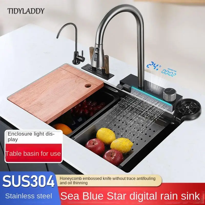 

304 Stainless Steel Kitchen Sink Nano Atmosphere Light Digital Display Knife Holder Feiyu Waterfall Faucet Large Single Slot