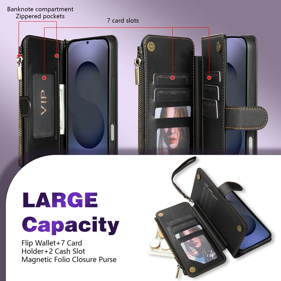 Leather Wallet Case with Multi-Card Slots, Zipper, Kickstand, and Magnetic Closure