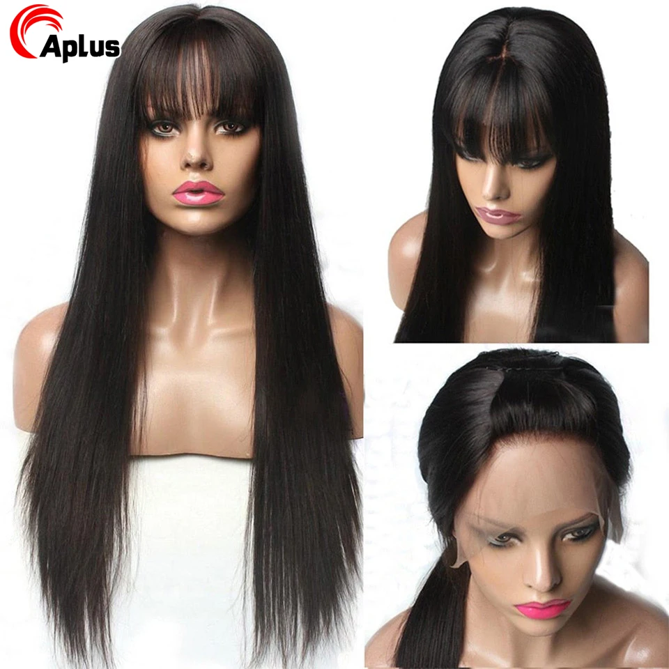 Straight Lace Front Wigs With Bangs Fringe Lace Human Hair Wig For Women Brazilian Glueless 13x4 HD Lace Frontal Wig With Bangs