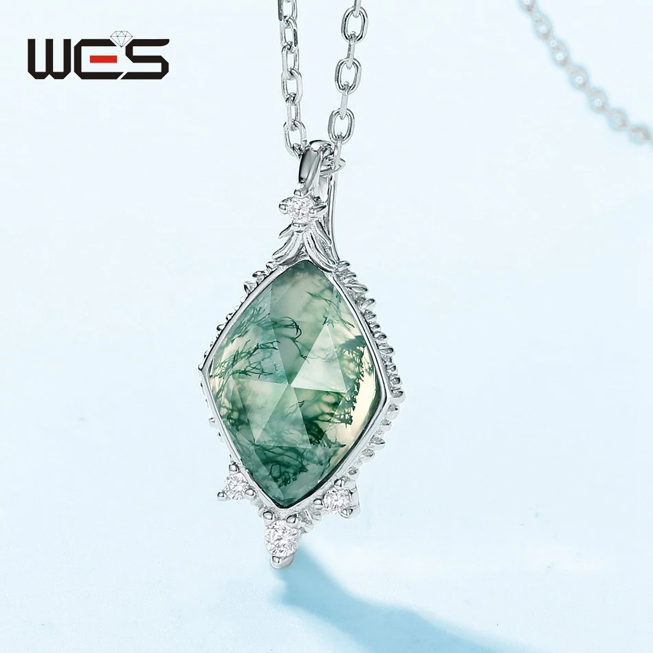 WES 925 Sterling Silver Natural Stone 8*11mm Moss Agate Pendant Necklace for Woman Exquisite Lady Gifts Certified Jewelry 4