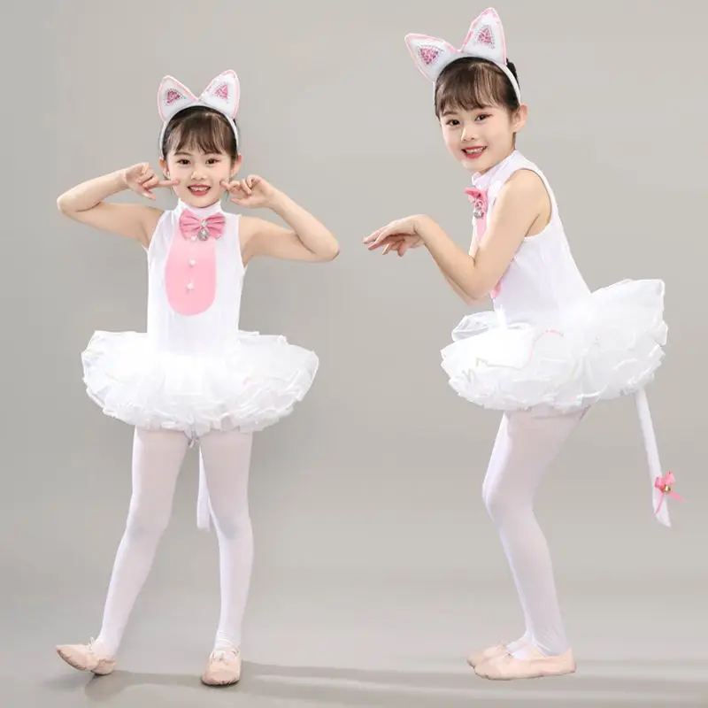 

White Cat Cosplay Costume For Gilr Halloween Animal Clothing For Children Lovely School Stage Performance Clothing Sleeveless