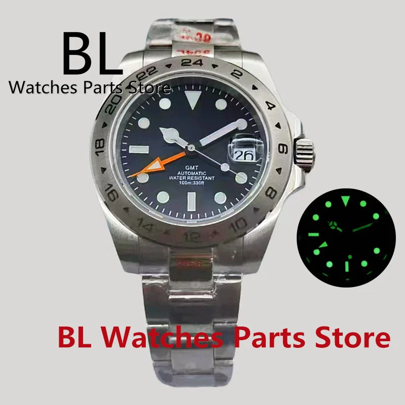 

BLIGER 40mm 24 Jewels NH34A GMT Automatic Watch For MEN Jubilee/Oyster Bracelet Sapphire Glass Silver Case Luminous Black Dial