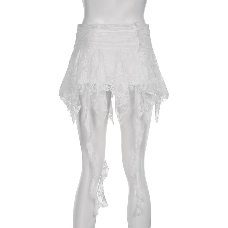 y2k Fairycore Skirt Women Clothing White Low Elastic Waist Irregular Ruffle Hem Skirt 2000s Party Skirts Streetwear