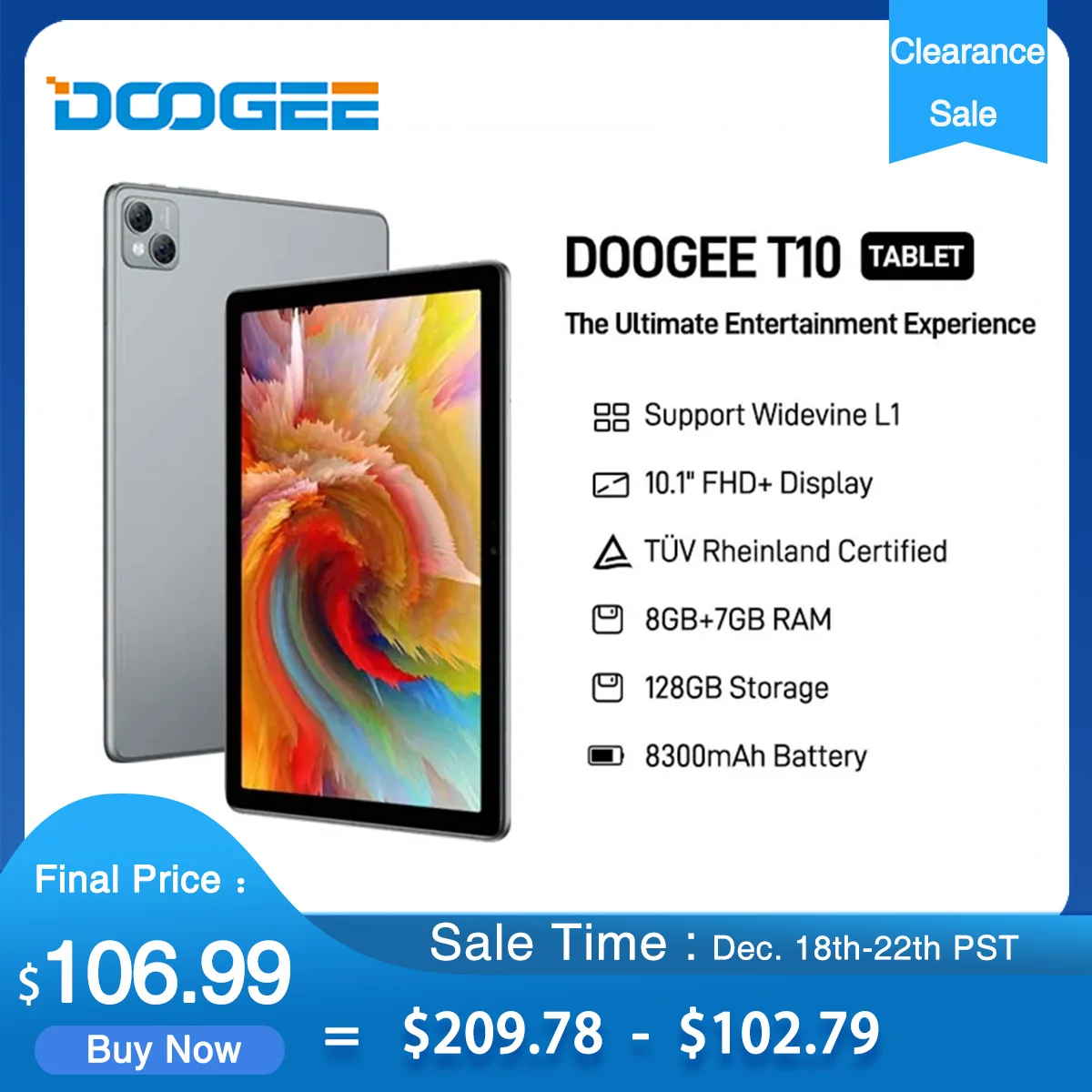 Распродажа DOOGEE T10 планшет 8 ГБ + 128 ГБ Восьмиядерный 10,1 дюймов FHD + tuv Rheinland Сертифицированный дисплей Widevine L1 камера 13 МП 8300 мАч