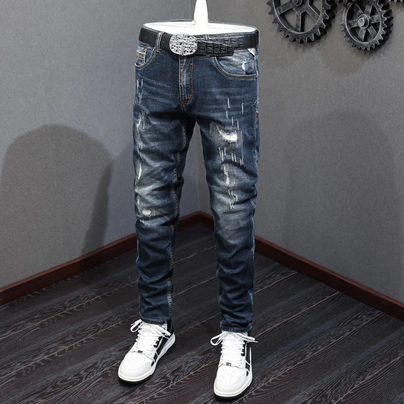 Fashion Designer Men Jeans Retro Black Blue High Quality Elastic Slim Fit Patched Ripped Jeans Men Vintage Denim Pants Hombre