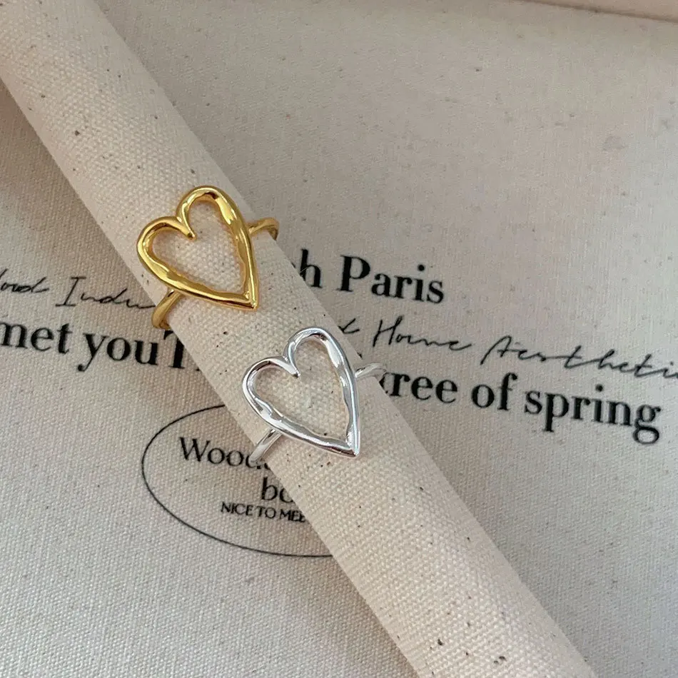 100% 925 Sterling Silver Love Heart Open Ring for Woman Girl Simple Irregular Hollow Out Design Jewelry Party Gift Dropshipping