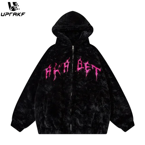 UPRAKF Plush Jacket Fleece Fuzzy Retro Black Baggy Coat Casual Outwear Tops High Street Fashion Hooded