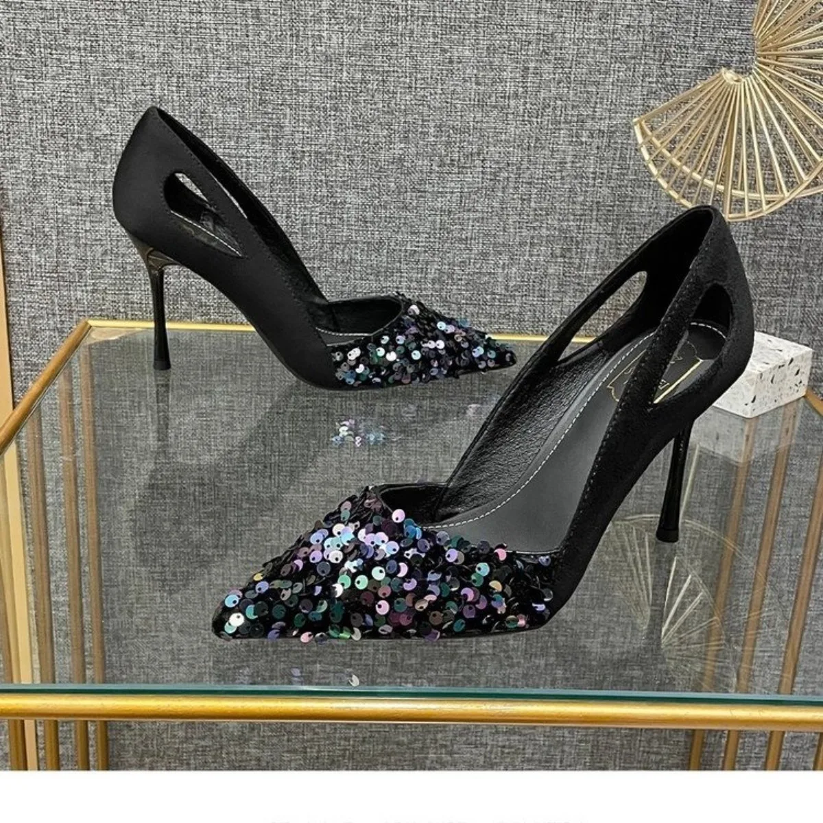 Women Shoes Shallow Mouth Women's Sandals Hollow Heels Women Pointed Toe Stiletto Pumps Sequined High Heels Zapatillas De Mujer