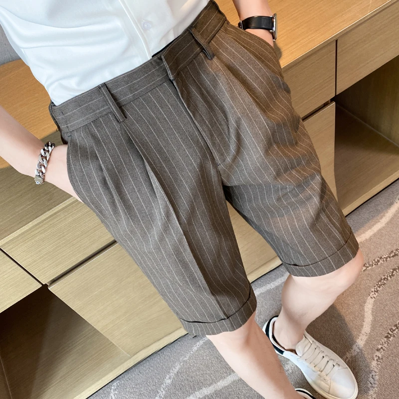 2022 Top Quality Summer Knee Length Striped Shorts Men Clothing Business Formal Wear Slim Fit Casual Straight Short Homme  29-36