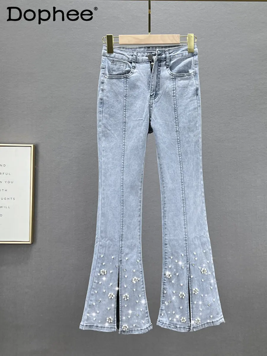 

Heavy Diamond Beaded Split Flared Pants Jeans Women 2023 New Spring Cotton Elastic High Waist Slim Fit Bell-bottoms Pants Female