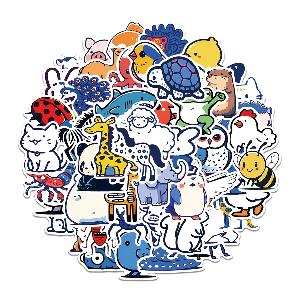 50PCS Cute Blue Mixed Animal Stickers Phone Case Notebook Skateboard Laptop Water Bottle Cartoon Sticker Pack for Gift Toy