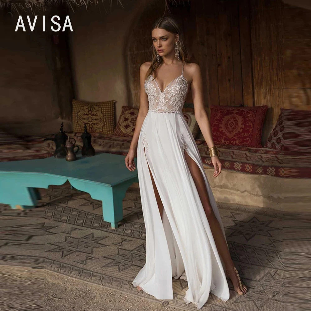 

Boho Wedding Dress 2024 Sexy Side Slit Beach Wedding Dress V-Neck Bride Dress Spaghetti Straps Weeding Gowns Vestido De Noiva