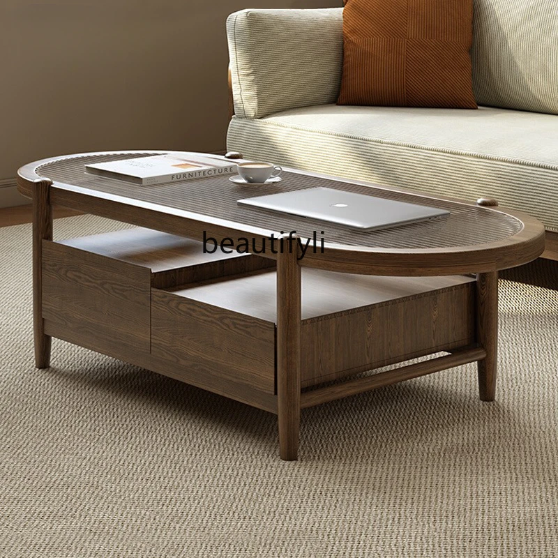 

Nordic Ash Wood Tea Table Walnut Color Japanese Style Storage Living Room Changhong Glass Tea Table