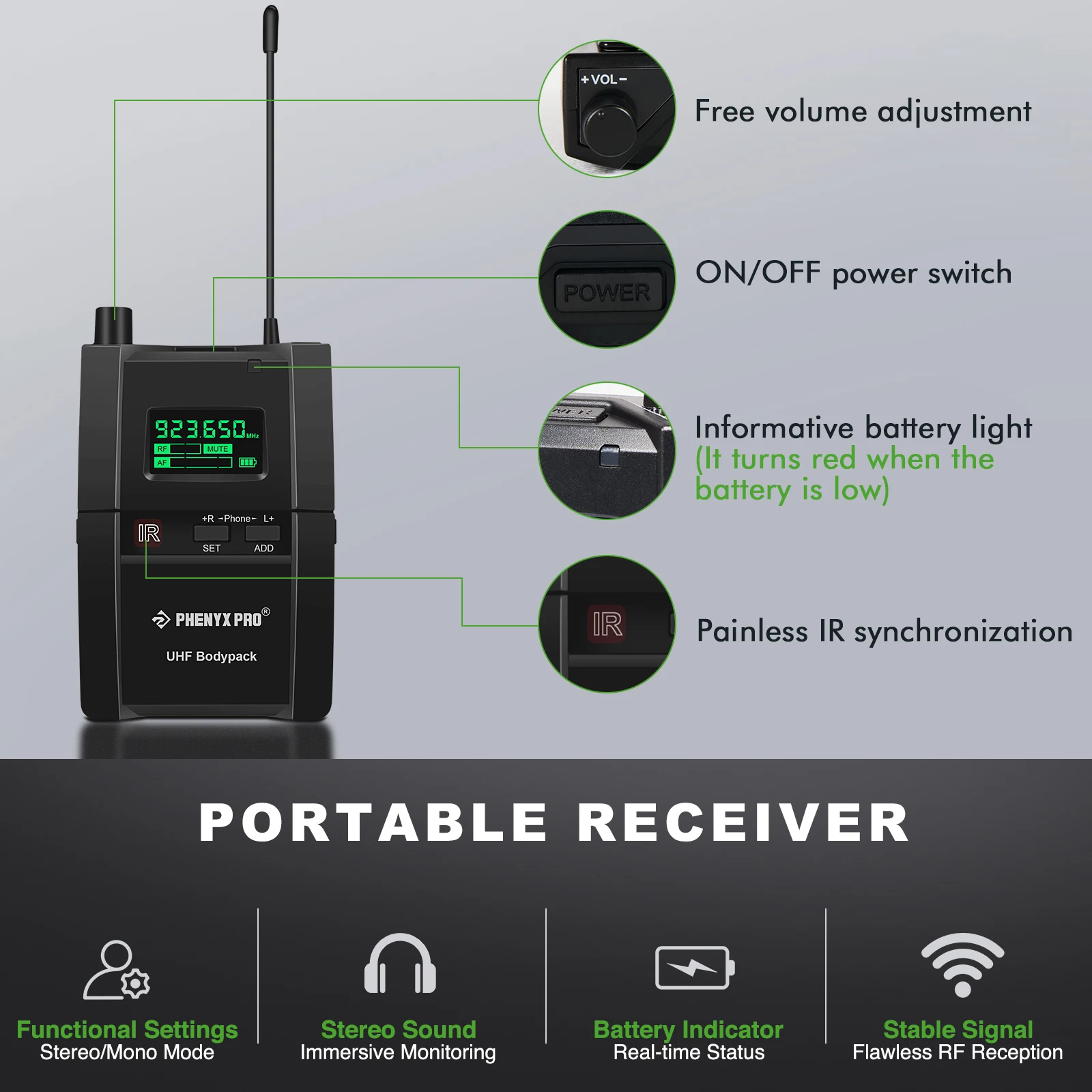 Stereo Wireless in Ear Monitor System 900MHz Band Wireless UHF Audio IEM with Rack Mountable for Stage Church Phenyx Pro PTM-10