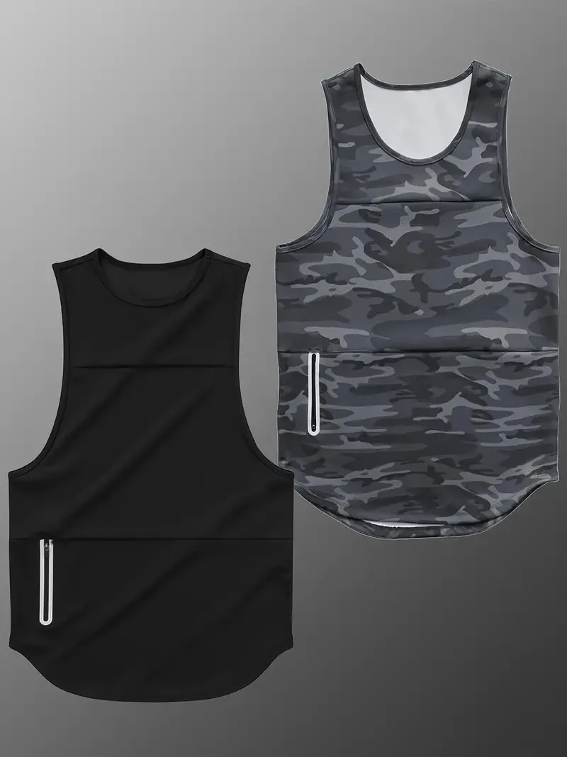 Men's Casual Sports Quick-drying Sleeveless Tank Top With Zipper Pocket Design For Gym Fitness 1 Piece sports vest