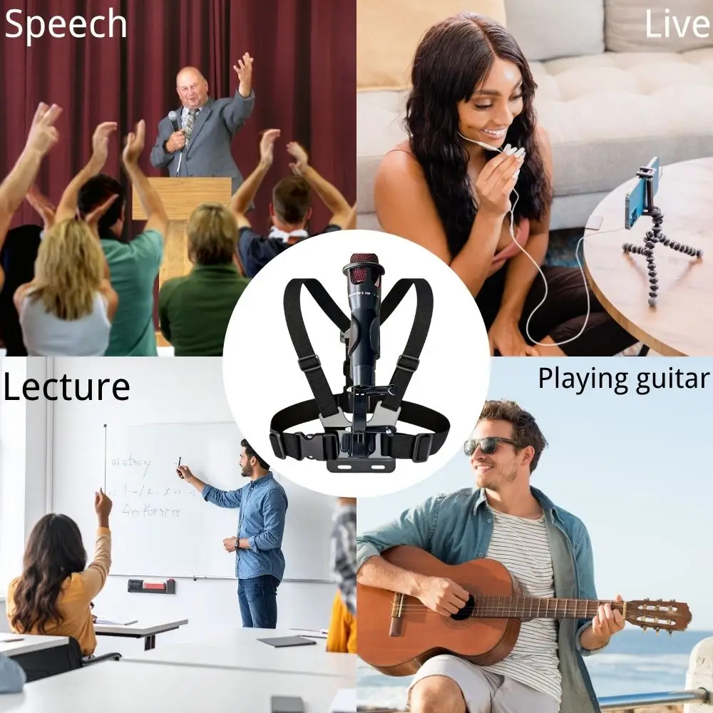 마이크 숄더 스트랩 홀더, 손을 자유롭게 해줍니다, 마이크를 몸에 부착시킵니다, 홀더의 각도와 스트랩의 조임도 모두 조절 가능, 광범위한 호환성: 직경 2인치 이상의 마이크를 지원합니다. 5-4cm, 무대 공
