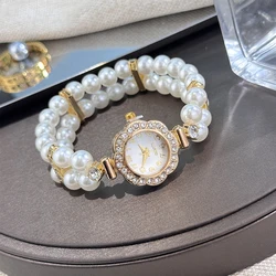 Elegant Pearl and Diamond - Encrusted Elastic Band Luxury Bracelet - Style Ladies Quartz Watch (Gold)