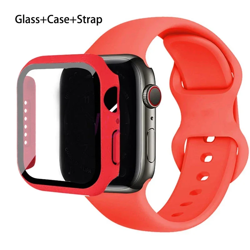 Premium Silicone Apple Watch Band with Glass Case and Strap - Compatible with All Series