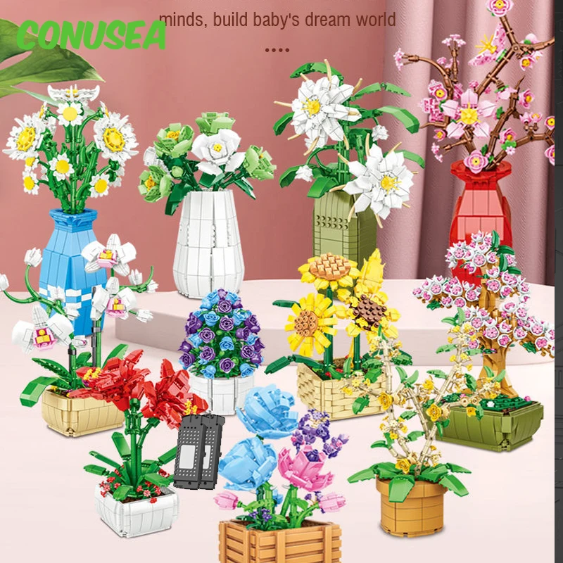 Succulents Building Blocks Set - 1185 Piece Flower Plants Collection For Home Decor