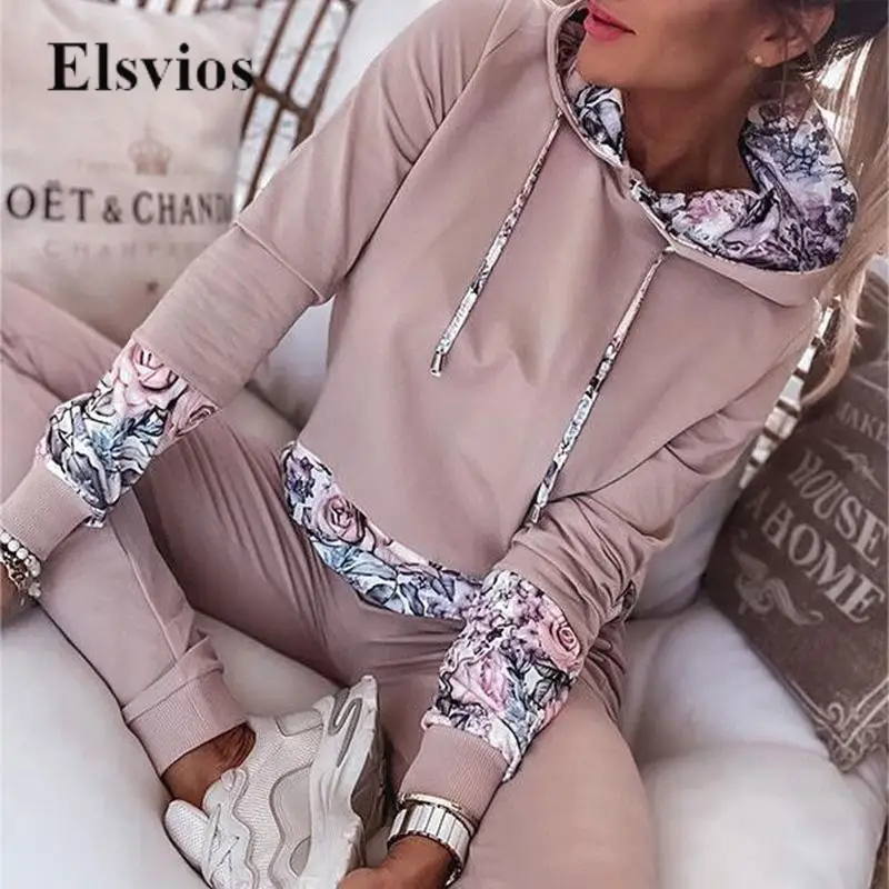 

Long Sleeve Sweatshirt Top And Long Pants Outfits Women Fashion Loose Casual Set Flower Print Patchwork Hooded Hoodies Tracksuit