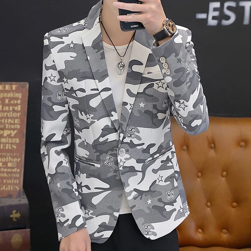 Men Camouflage Printed Single Button Casual Blazer Spring Autumn Notched Lapel Mens Slim Suit Jacket Camo Coat