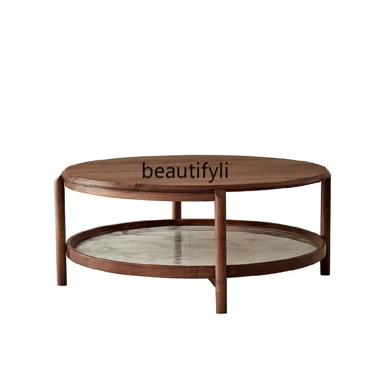 

Nordic Modern Simple Small Apartment round Tea Table Black Walnut Solid Wood Light Luxury Stone Plate Marble Height Combination