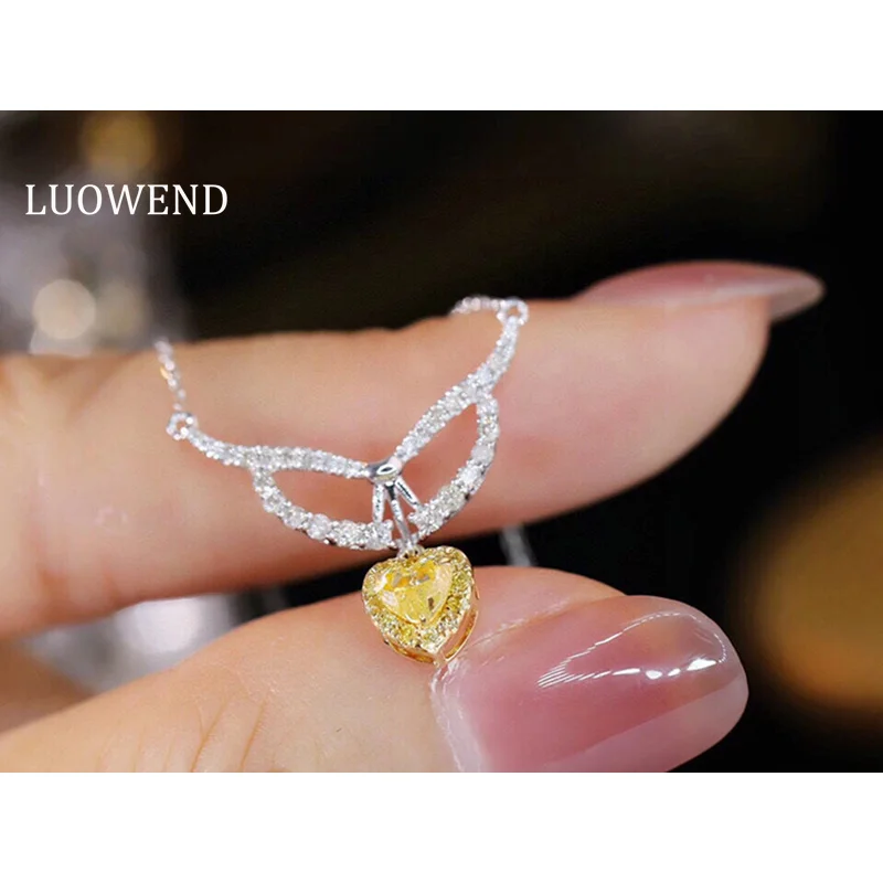

LUOWEND 18K White Gold Necklace Romantic Heart Shape Real Natural Yellow Diamond Pendant Necklace for Women High Wedding Jewelry