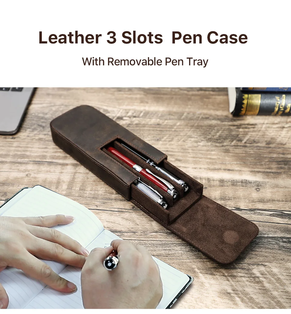 Leather 3 Slots Pen Case Office School Fountain Pen Holder Pouch