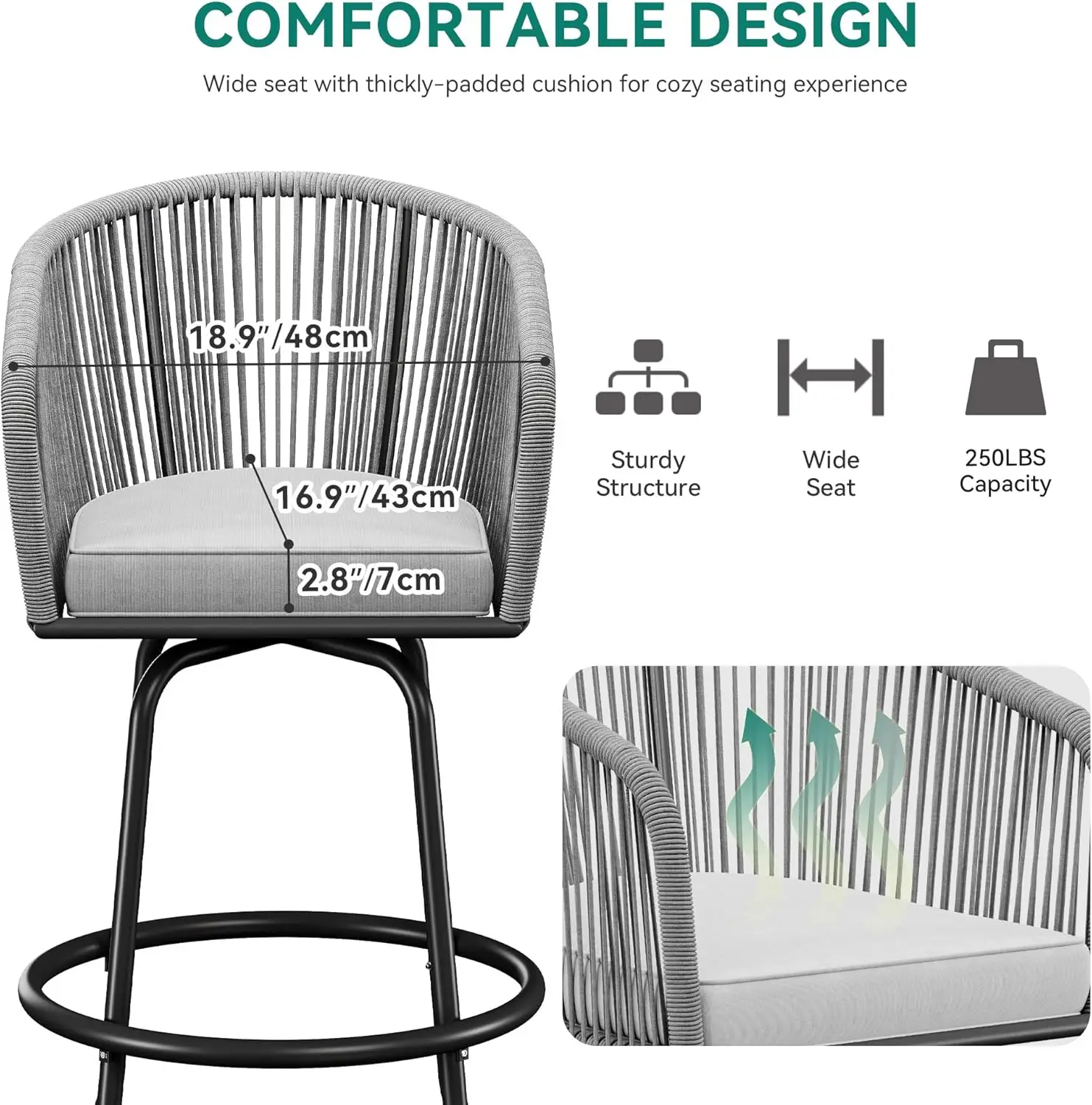 Counter Height Bar Stools Set of 2, Outdoor Bar Stools with Soft Cushions, Patio Rattan Swivel Bar Chairs