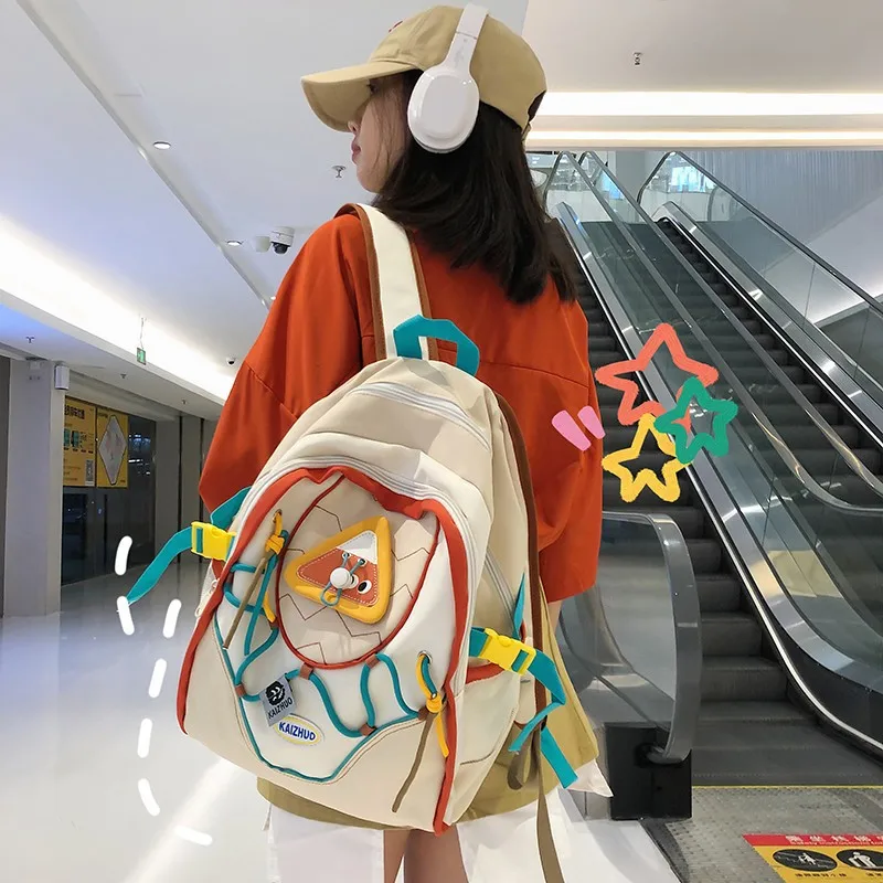 

Japanese Harajuku Cute Backpack Large Capacity Canvas Student Schoolbag 2023 Fashion Contrast Color Sweet Girl Travel Backpack