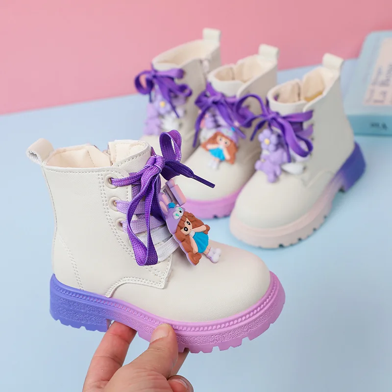 Girl\'s Ankle Boots 2023 Autumn Winter New Children Short Boot 22-33 Toddler Round Toe Chunky Rubber Fashion Side Zip Kids Shoes