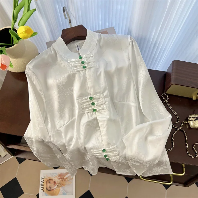 

Satin Chinese Style Women's Shirt Silk Vintage Blouses Loose O-neck Ladies Clothing Long Sleeves Solid Tops YCMYUNYAN
