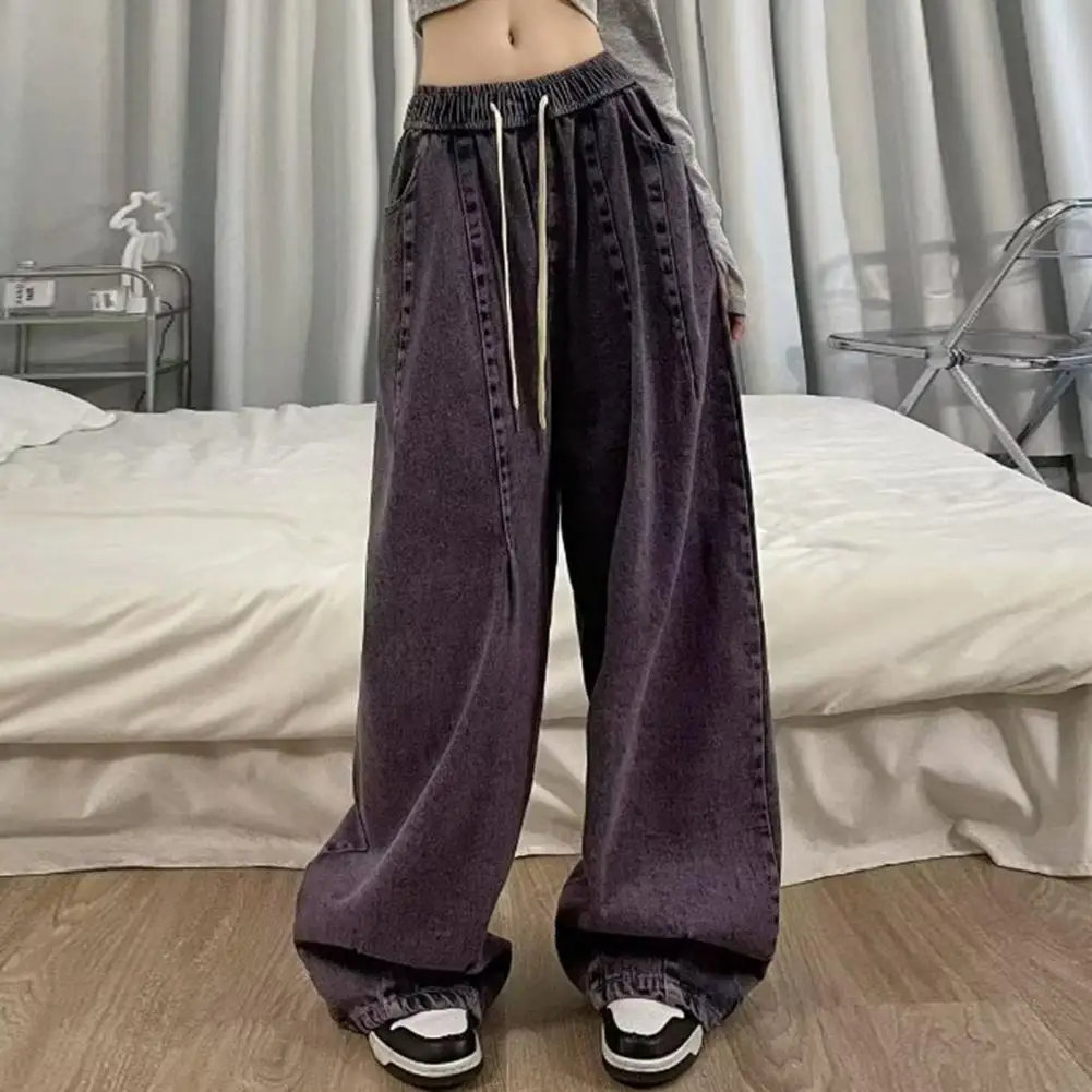 Women's Jeans Wide Leg Loose Denim Drawstring Elastic Waist Solid Color Hip Hop Streetwear Retro Straight Pants summer thin section men jeans wide leg denim pants loose hip hop skateboard elastic jeans straight blue trousers baggy pants