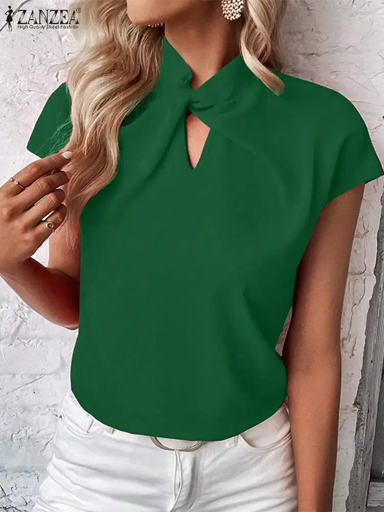 

Летняя модная офисная блузка ZANZEA, женские топы с коротким рукавом и воротником-стойкой, богемная Праздничная блузка, женская элегантная офисная рубашка