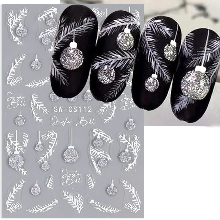Nail Stickers Silver Glitter Christmas Nail Stickers 3D Winter Tree Snowflake Feather Leaf Lantern Gift Wine Holographic Manicure Slider Tips