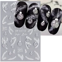 Silver Glitter Christmas Nail Stickers 3D Winter Tree Snowflake Feather Leaf Lantern Gift Wine Holographic Manicure Slider Tips 1