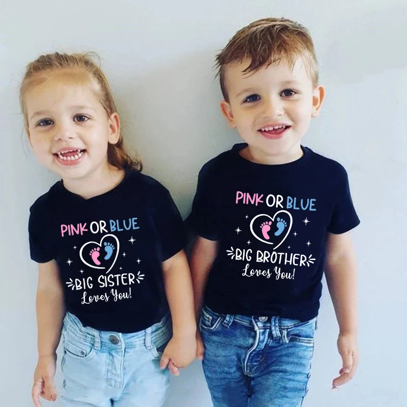 New Family Matching Outfits Pink or Blue Dad Mom Loves You T-shirts Big Brother Sister Baby Announcement Tops Family Look Shirts 2