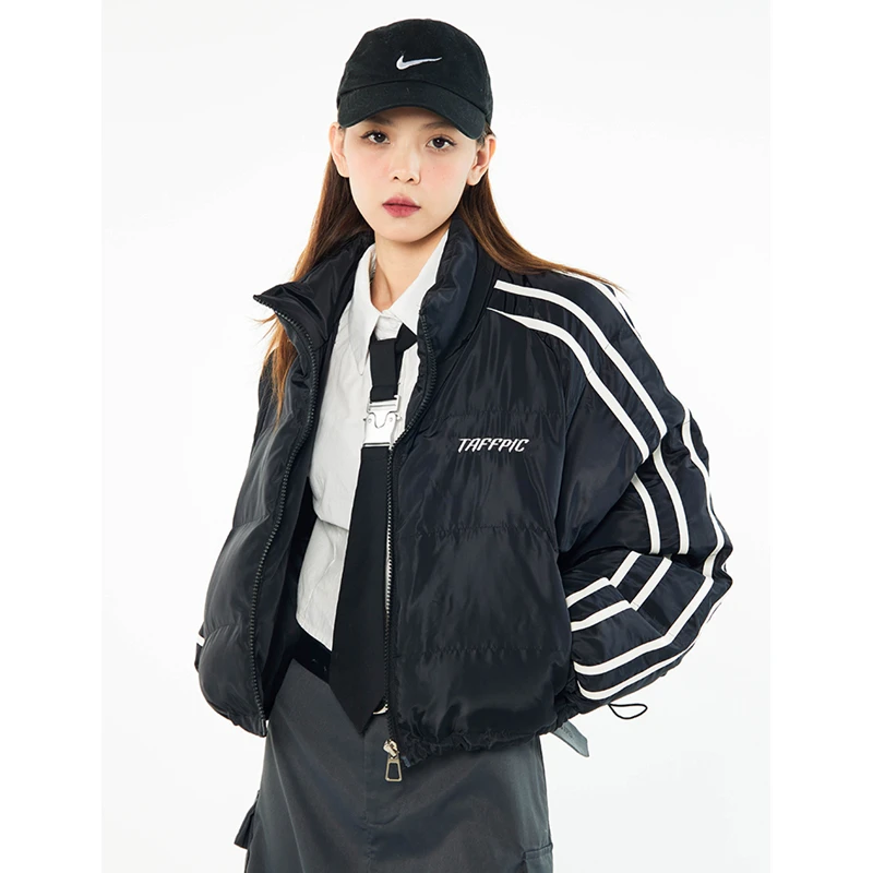 

Women Black Down Jacket Stripe Embroidery Short Coat Fashion Thicken Warm Feather Duck Down Female Puffer Winter Outwear