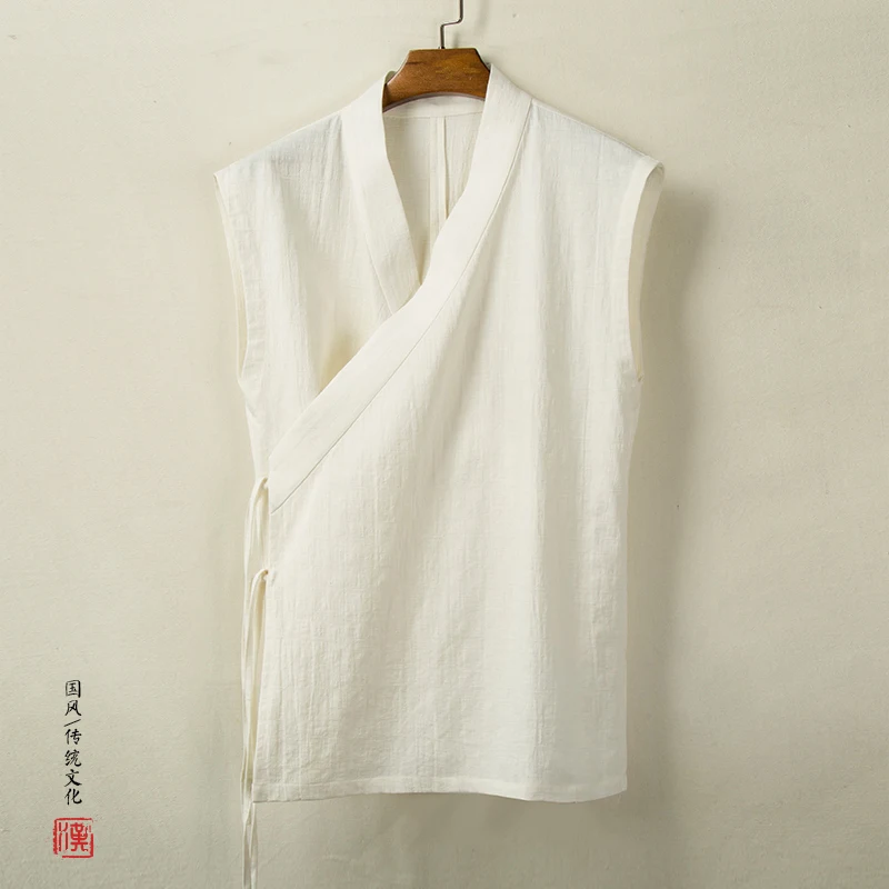 중국어 번체 Hanfu 조끼 남성 리넨 코튼 민소매 슬릿 탑 남성 당나라 정장 기모노 카디건 남성 오픈 스티치 셔츠