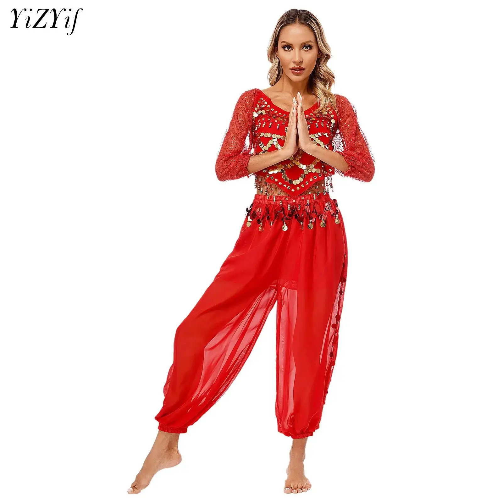 

Женский костюм для танца живота, шифоновый укороченный топ с длинным рукавом, рубашка с блестками и разрезом сбоку, брюки, костюм для выступления на сцене