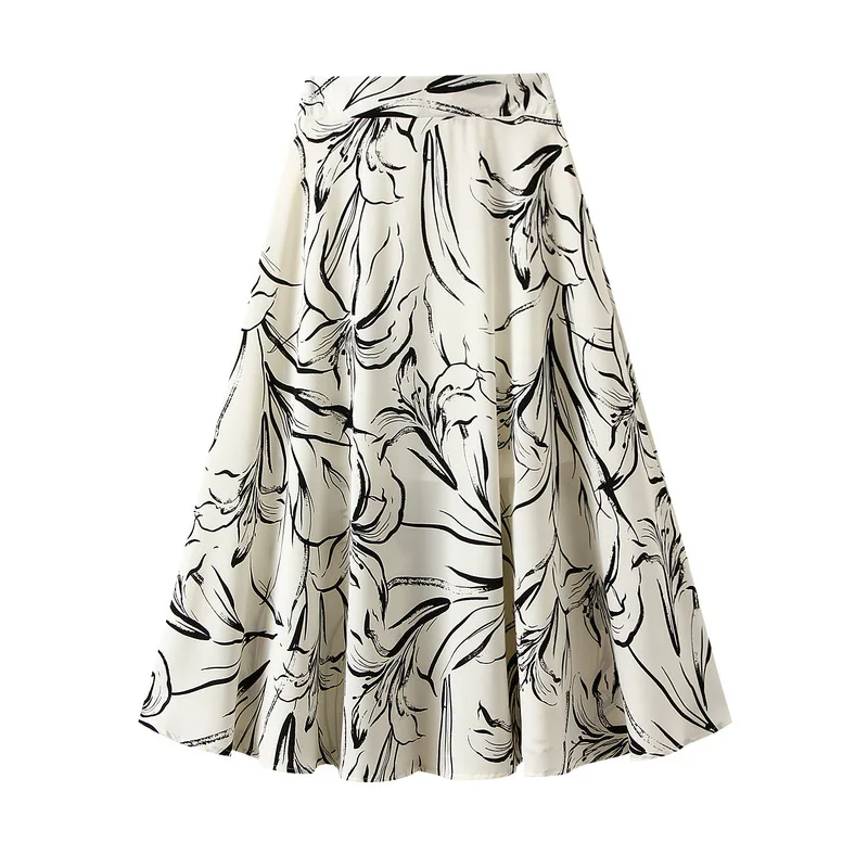 

Summer Women's Ink Painting Lily Fashion Dress Gentle Beige Half Length Jupe Longue Femme A Line Skirt